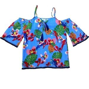 Joy Joy Cold Shoulder Tropical Floral Colorful Tassel Hem Blouse Top